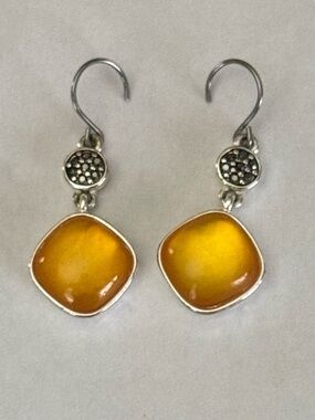 Monet Silver Tone Drop Earrings with Amber Yellow Glass Stones